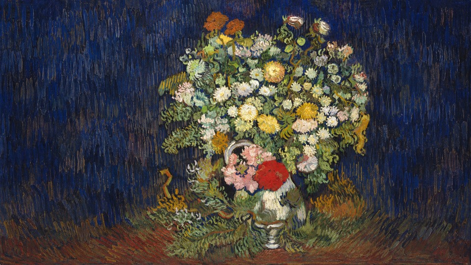 A painterly bouquet of pink and white flowers in a vase, against soft green.