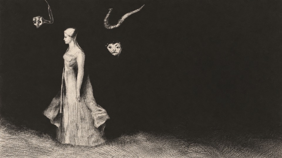 A dreamlike monochrome scene with a floating face and dark, haunting forms.