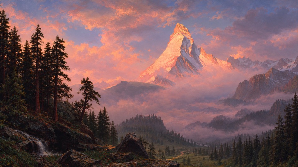 Warm sunrise catches the Matterhorn above a quiet alpine valley.