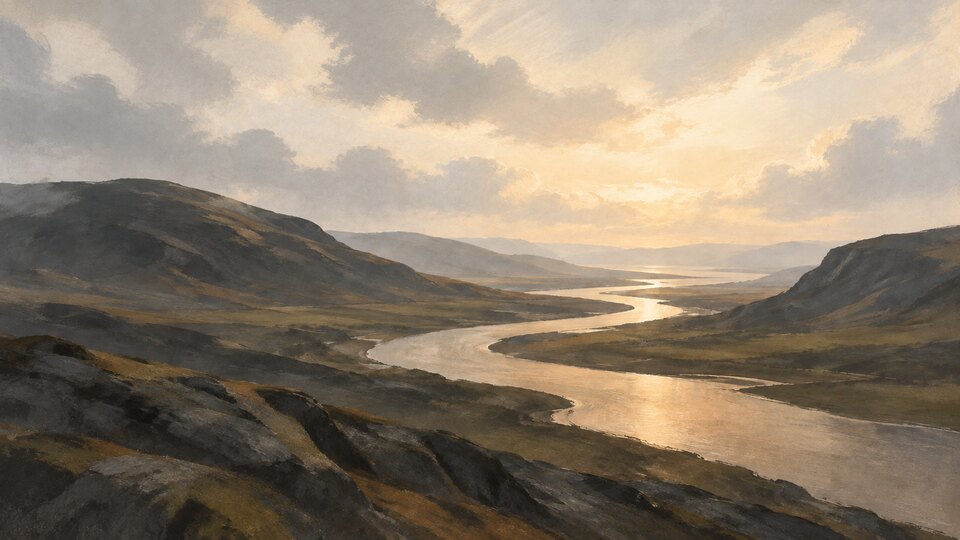 A warm, winding river leads through charcoal hills toward a luminous, cloud-filled sky.
